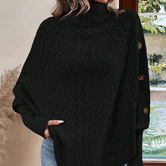 Black Casual Women's Turtleneck Batwing Sleeve Button Detail Poncho Sweater top - Picture 3 of 7